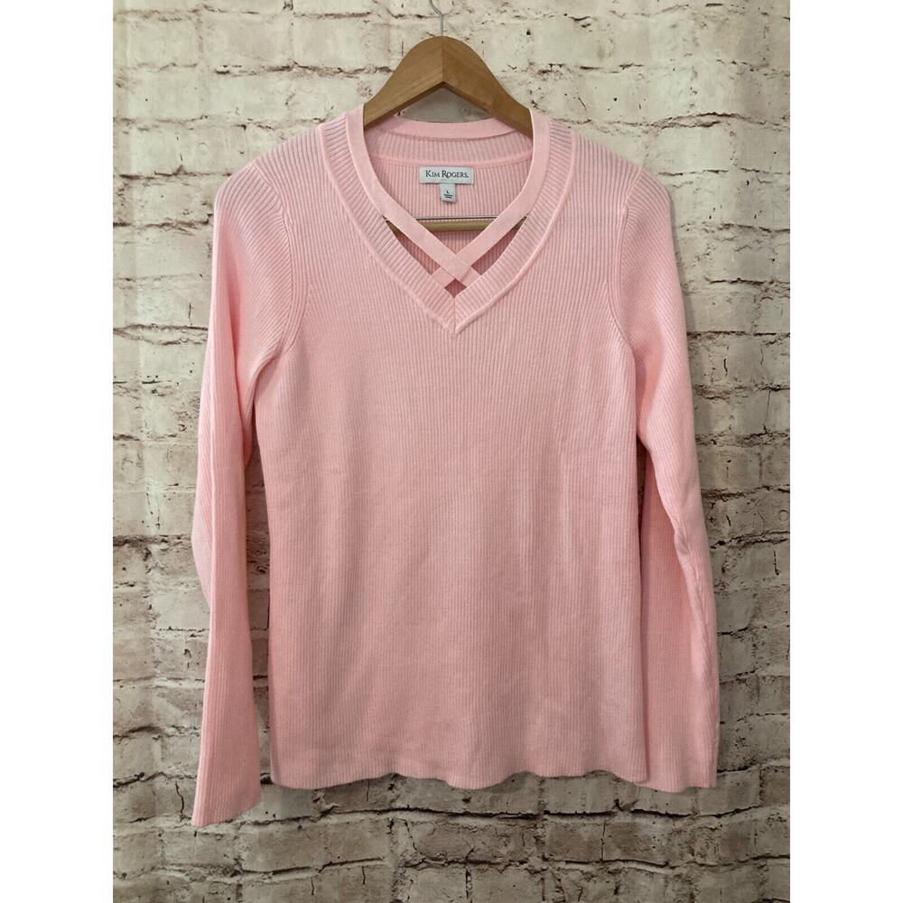 Kim Rogers Top Womens Large Pale Pink Ribbed Cutout Long Sleeve Stretch V Neck